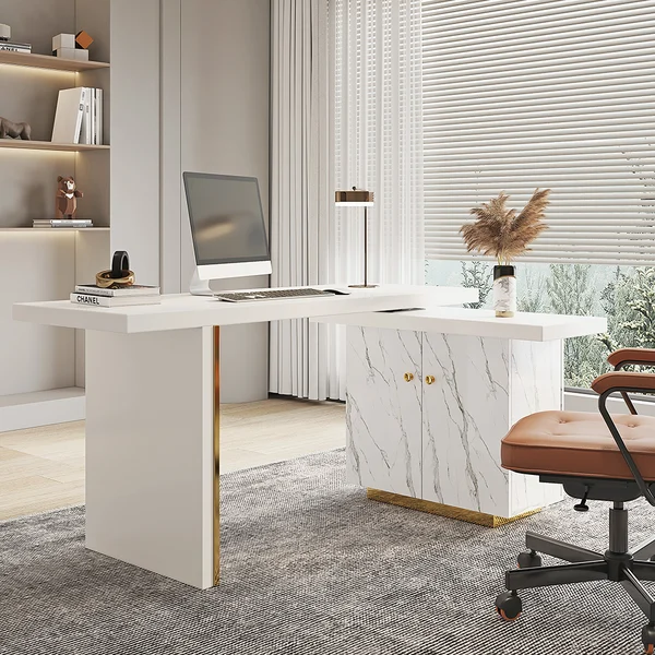88" Modern White L-Shape Writing Desk with Side Cabinet Wood Office Desk Gold Finish