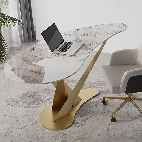 55.1" Creative Desk for Home Office Sintered Stone Top Stainless Steel Computer Desk