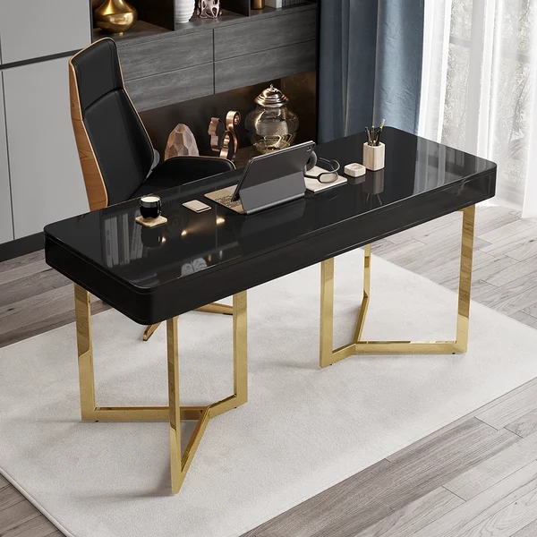 Black 2 Drawers Desk 55" Modern Writing Desk Gold Tripod Base Stainless Steel